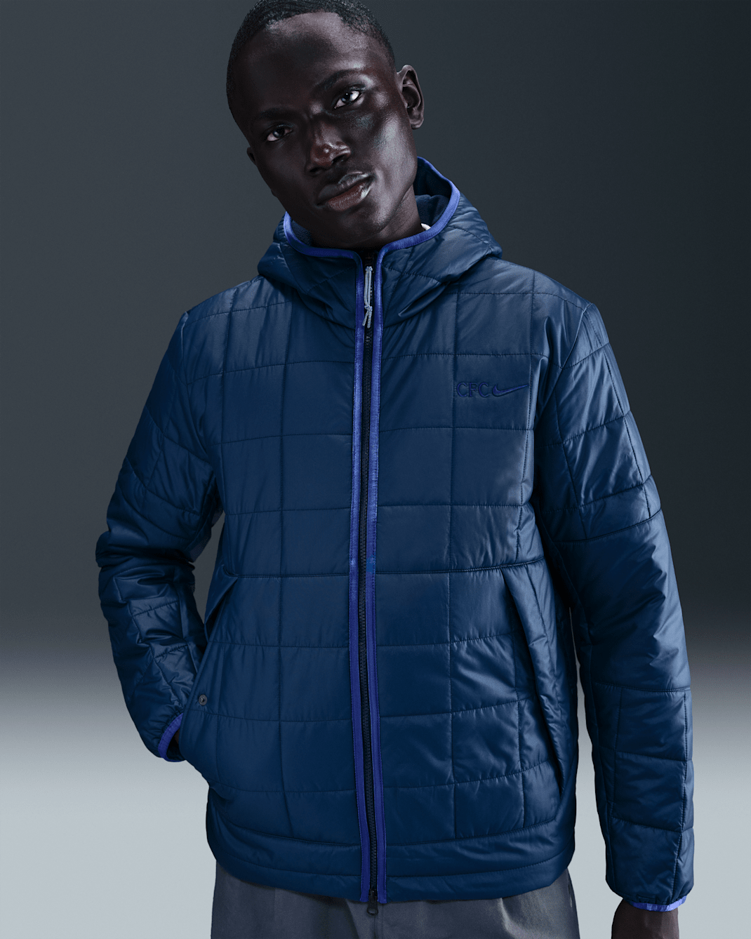 Chelsea FC Men's Nike Football Synthetic Fill Hooded Jacket - Obsidian/Rush Blue/Rush Blue