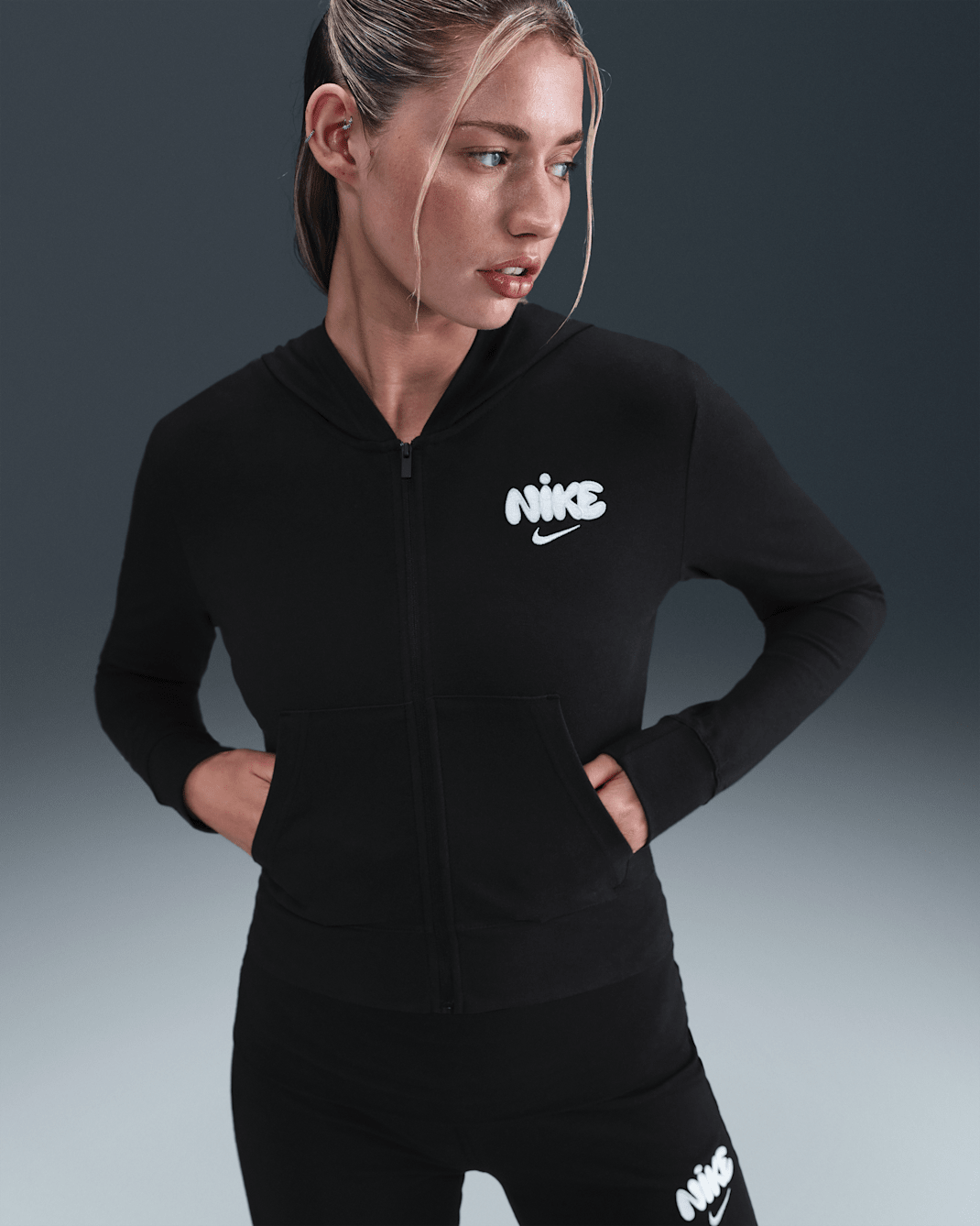 Nike Sportswear Women's Full-Zip Hooded Long-Sleeve Top - Black/White