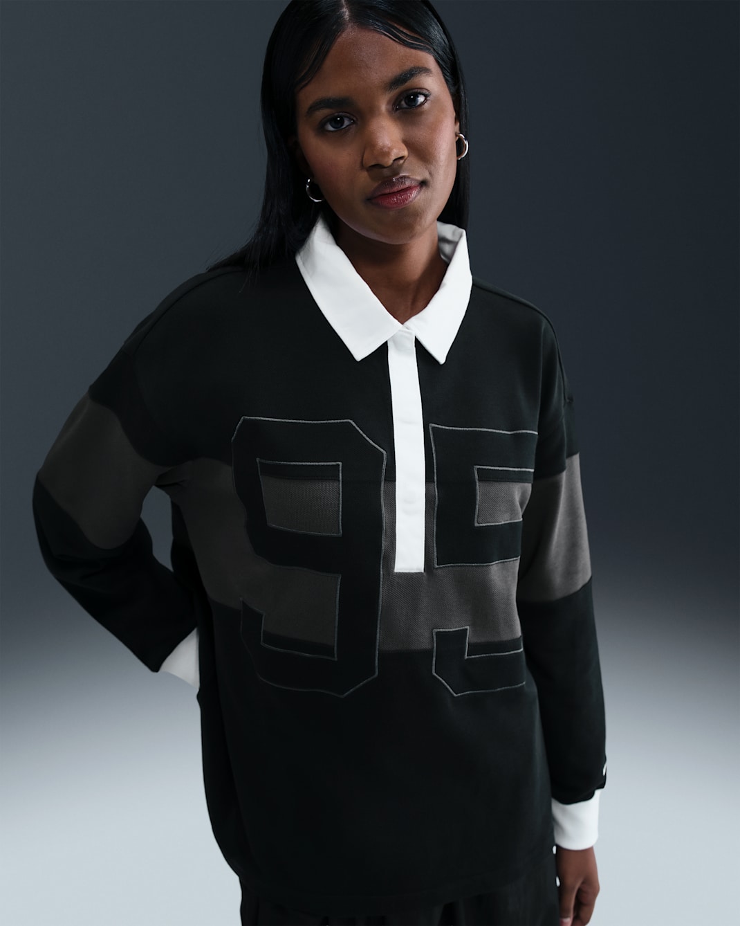 Nike Sportswear Women's Long-Sleeve Graphic Polo Top - Black/Anthracite/White/Sail