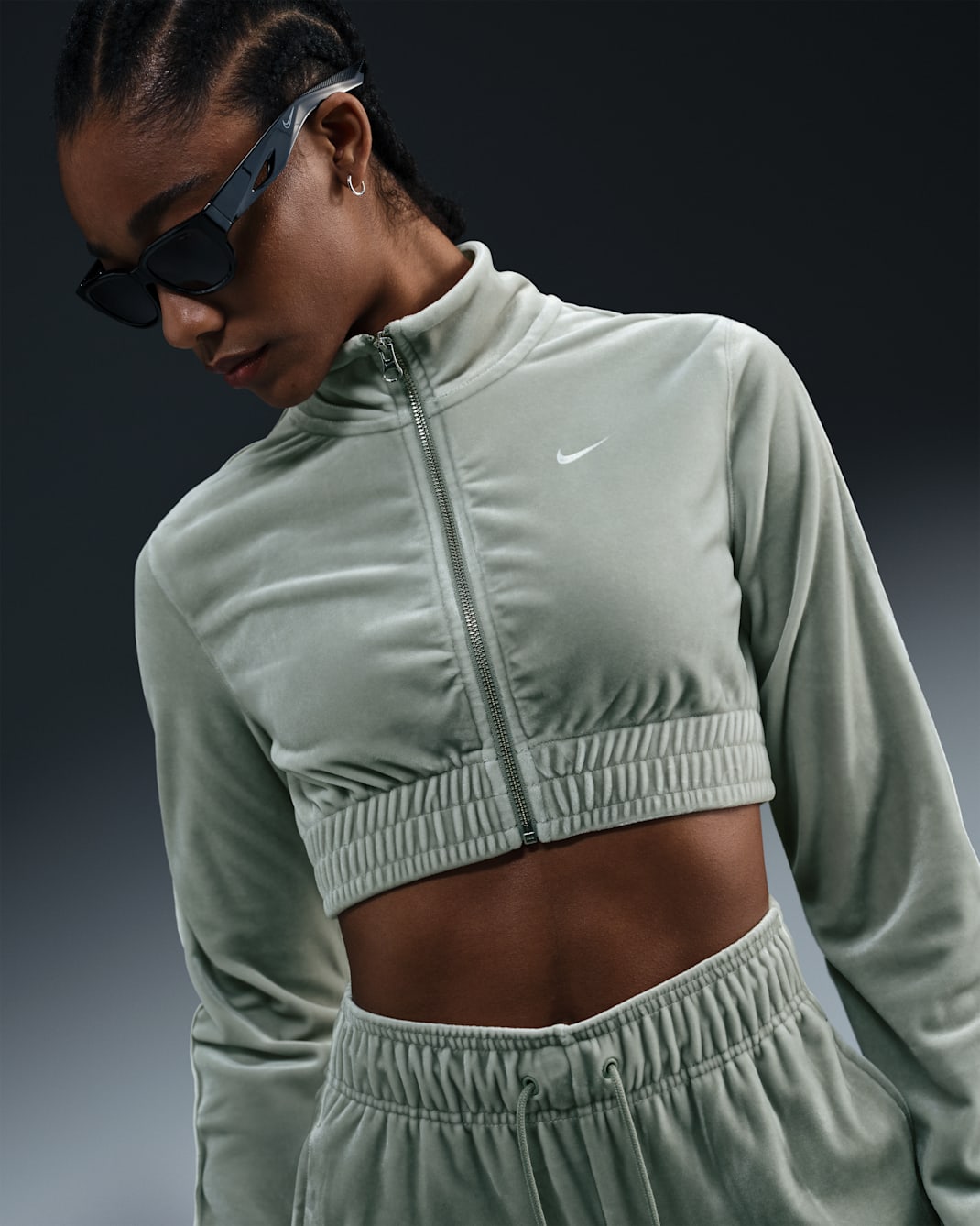Haut court en velours à zip Nike Sportswear Collection pour femme - Jade Horizon/Sail/Sail