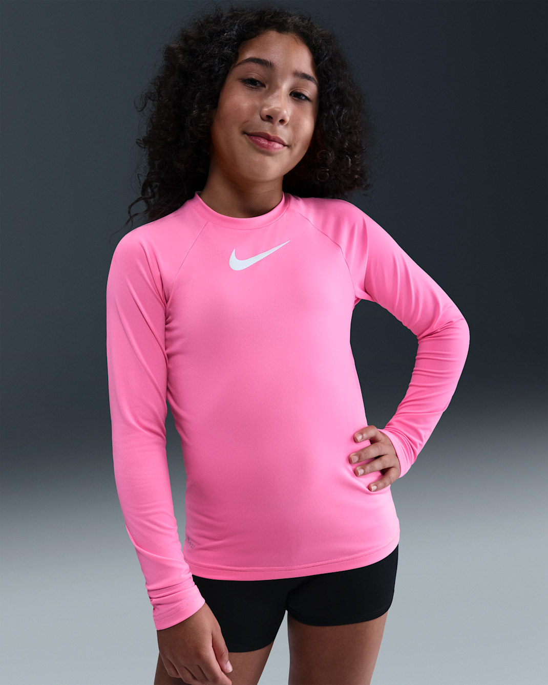 Playera de manga larga Dri-FIT UV para niña talla grande Nike Swim Hydroguard - Rosa resplandor/Blanco