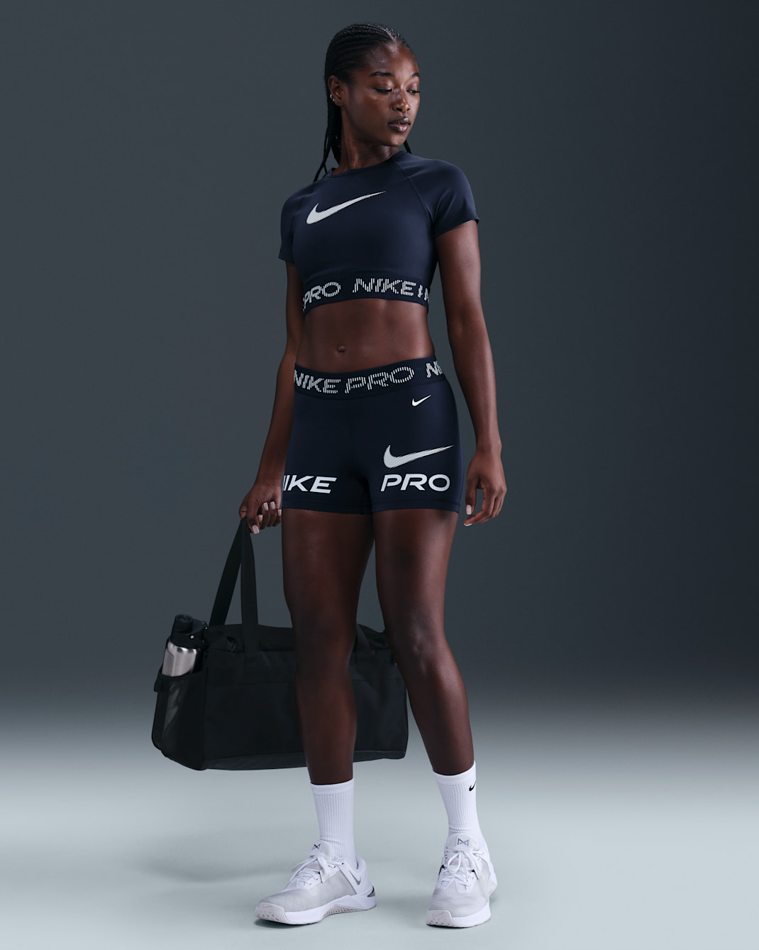 Nike Pro Women's Mid-Rise 3" Biker Shorts - Midnight Navy/Football Grey/White