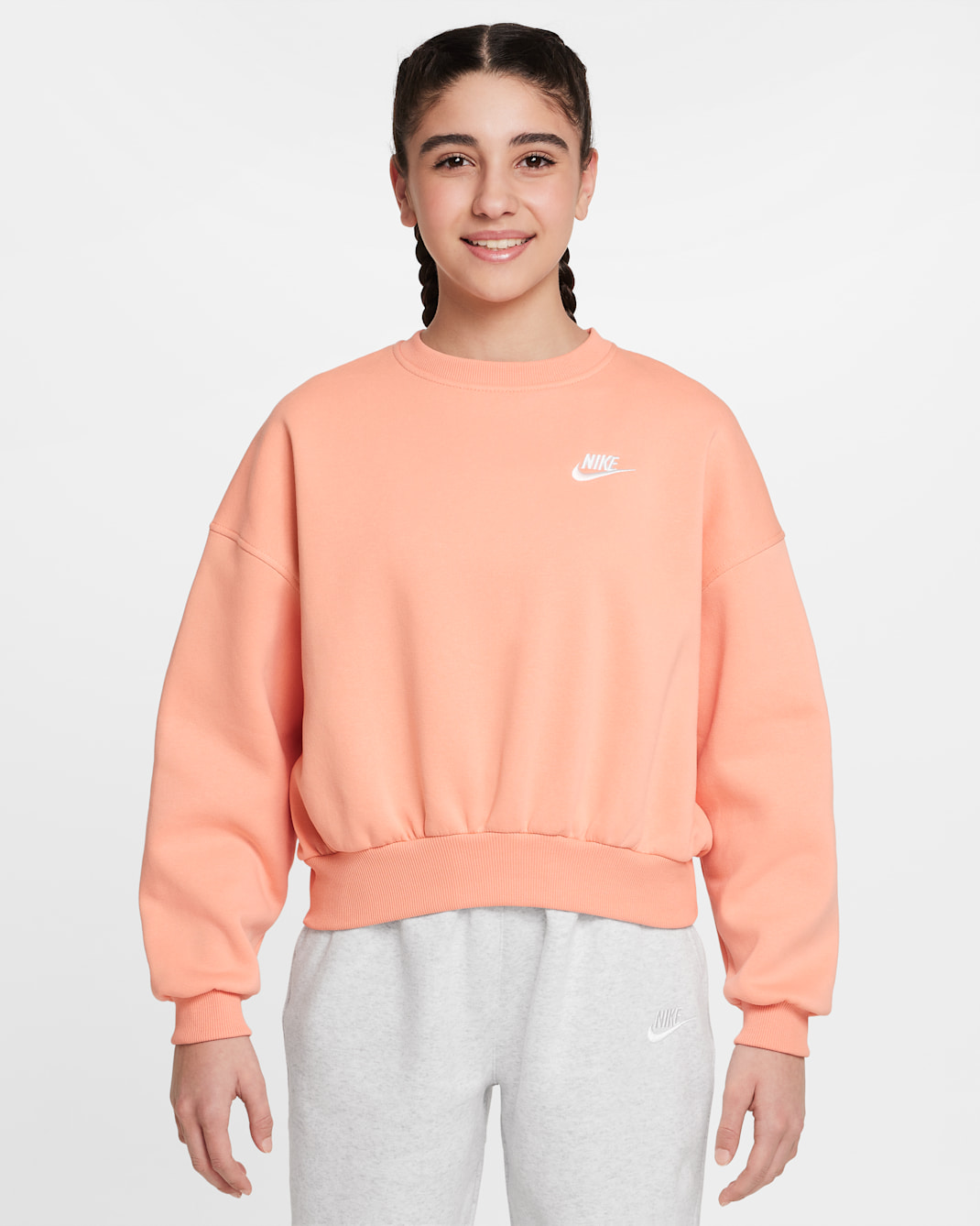 Nike Sportswear Club Fleece Girls' Boxy Crew-Neck Sweatshirt - Apricot Agate/White