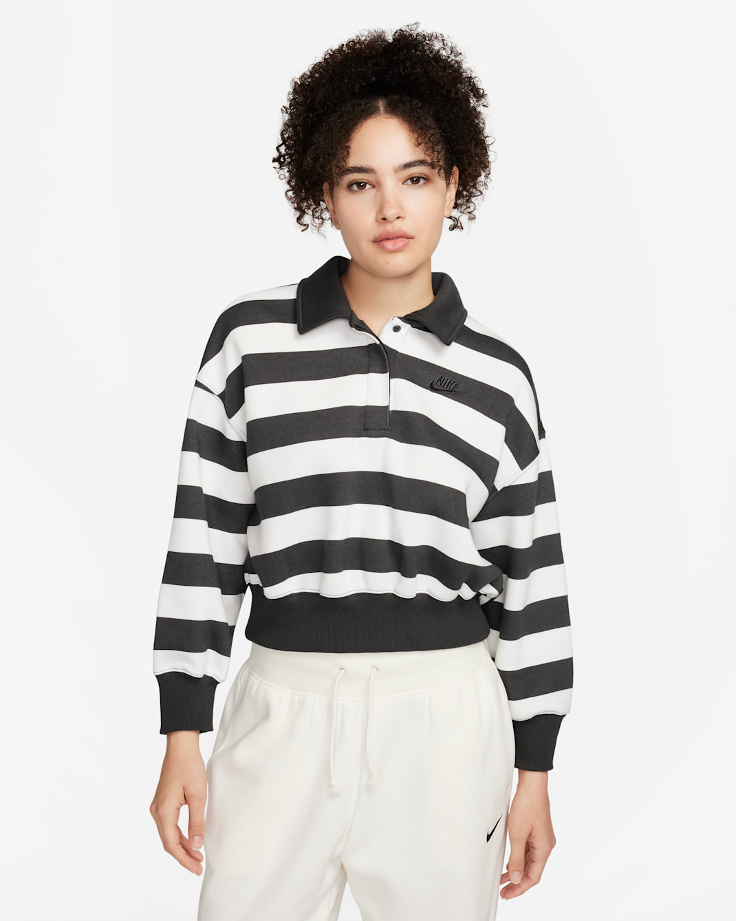 Nike Sportswear Phoenix Fleece Women's Oversized 3/4-Sleeve Striped Crop Polo - Off Noir