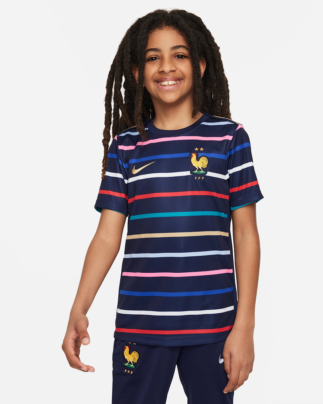 FFF Academy Pro Home Nike Dri-FIT Pre-Match-Fußballoberteil für ältere Kinder - Blackened Blue/Club Gold