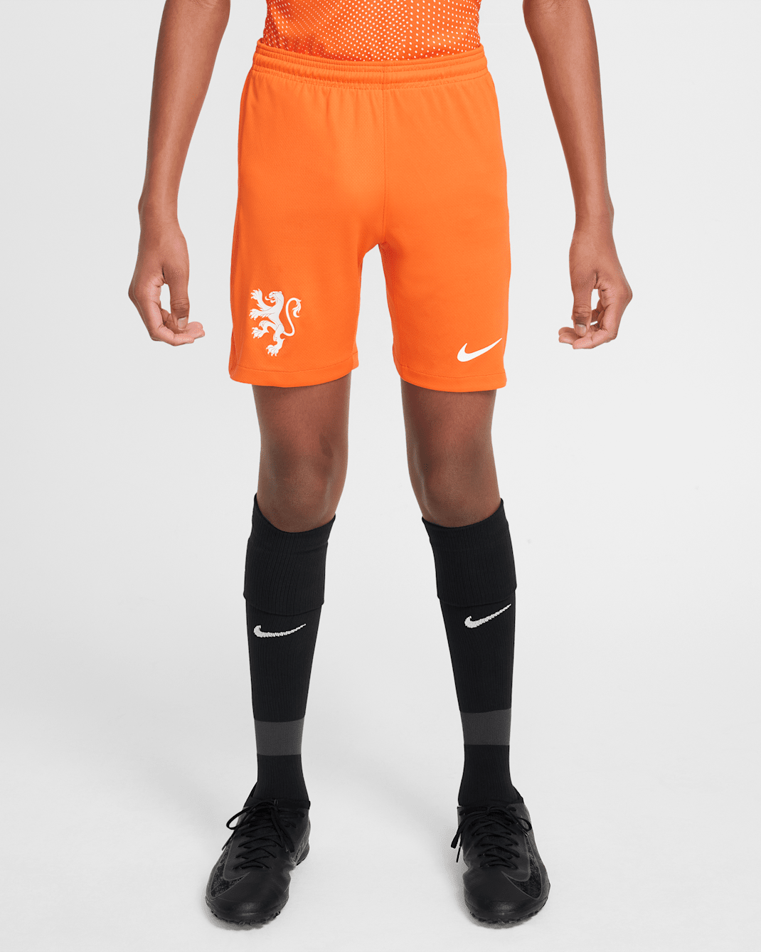 Netherlands 2025/26 Stadium Home Older Kids' Nike Dri-FIT Football Replica Shorts - Safety Orange/White