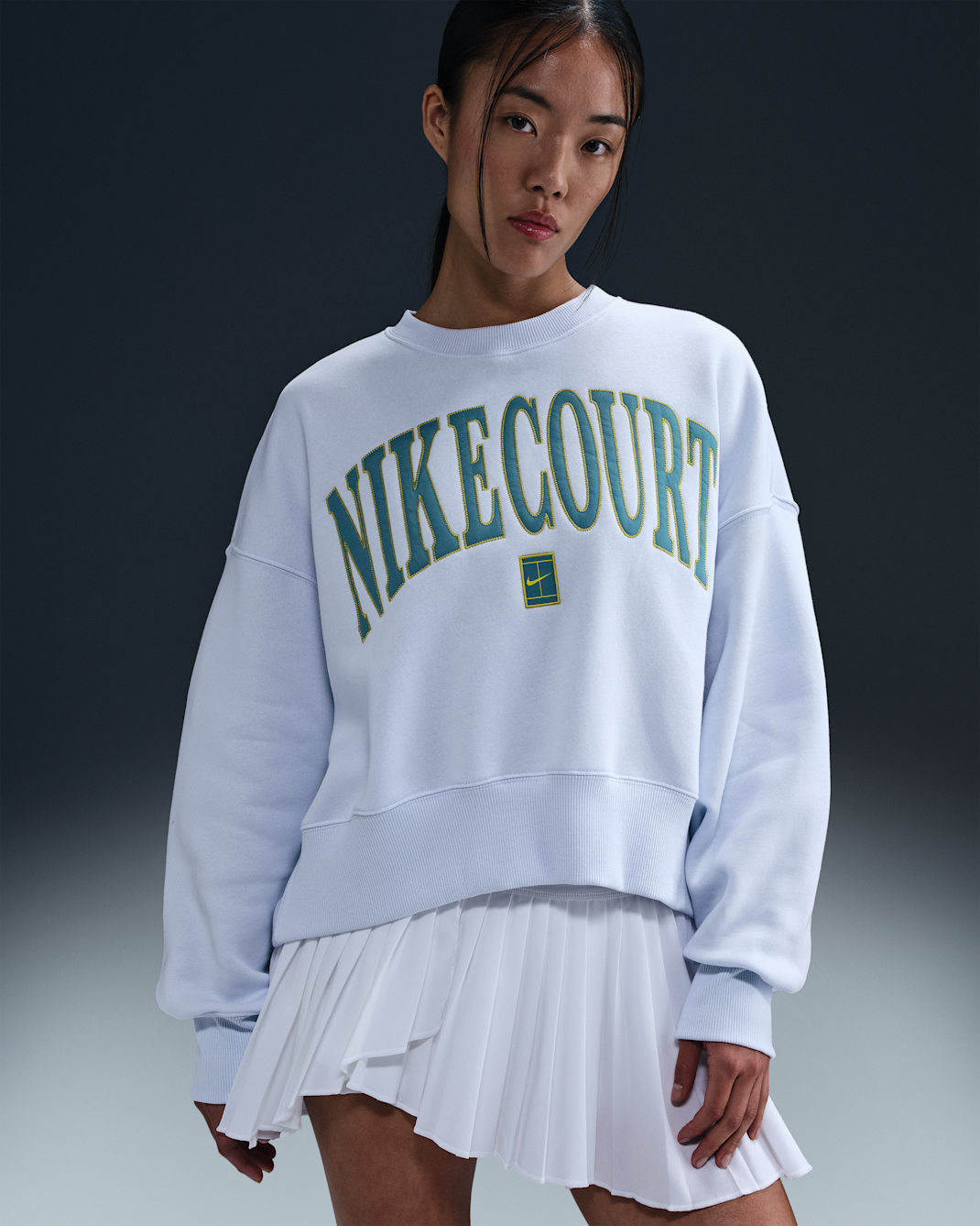 NikeCourt Phoenix Fleece Women's Over-Oversized Crew-Neck Tennis Sweatshirt - Football Grey/Football Grey/High Voltage/Mineral Teal