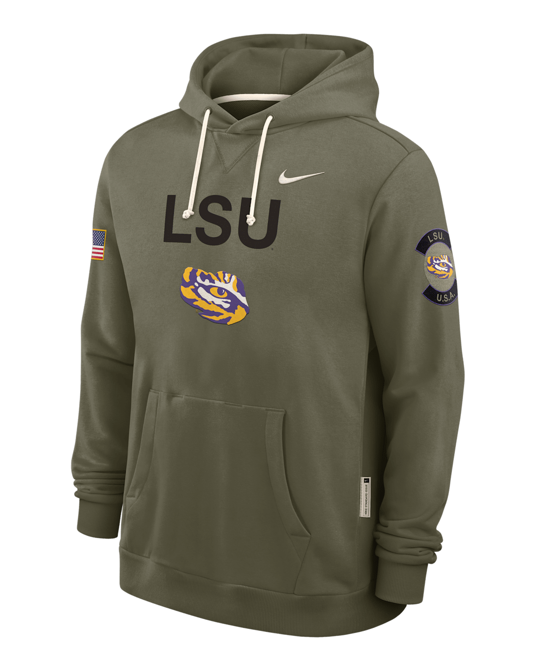 Sudadera con gorro sin cierre universitaria Nike Dri-FIT para hombre LSU 2025 Military Appreciation - Oliva