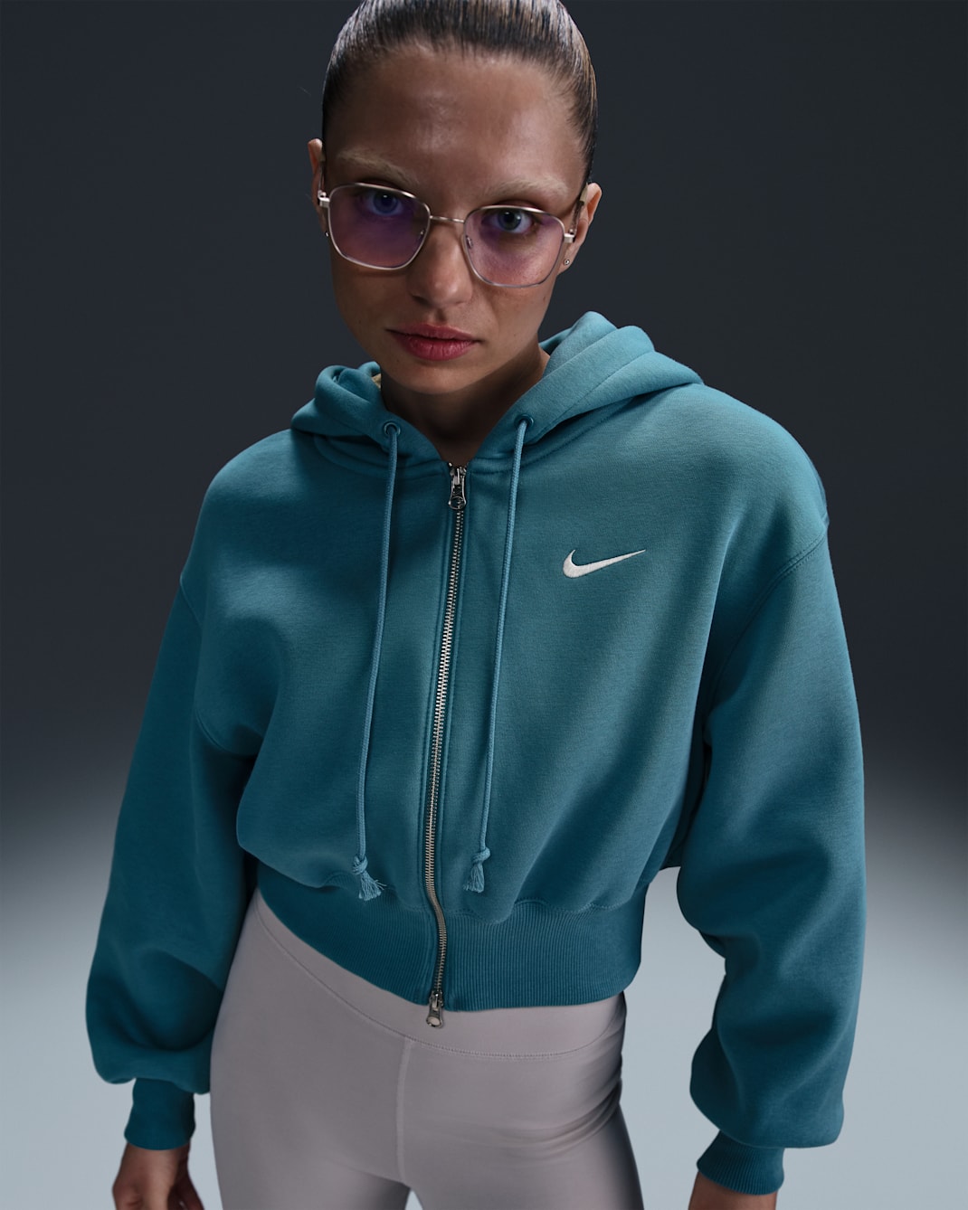 Sudadera con gorro holgada cropped de cierre completo para mujer Nike Sportswear Phoenix Fleece - Azul humeante/Vela