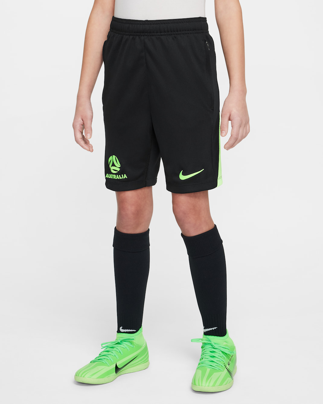 Australia Academy Pro Older Kids' Nike Dri-FIT Football Knit Shorts - Black/Lime Blast/Lime Blast