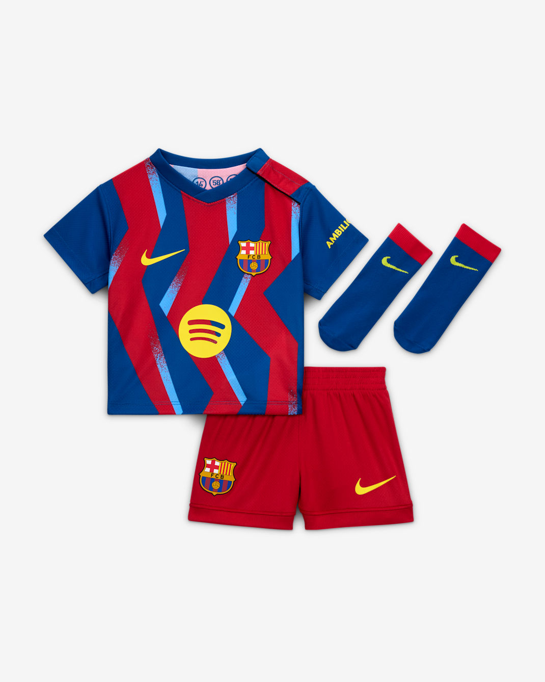 Conjunto de três peças de futebol Replica Nike do quarto equipamento Stadium FC Barcelona 2025/26 para bebé - Azul Gym/Azul Gym/Vermelho Salsa/Amarelo Opti