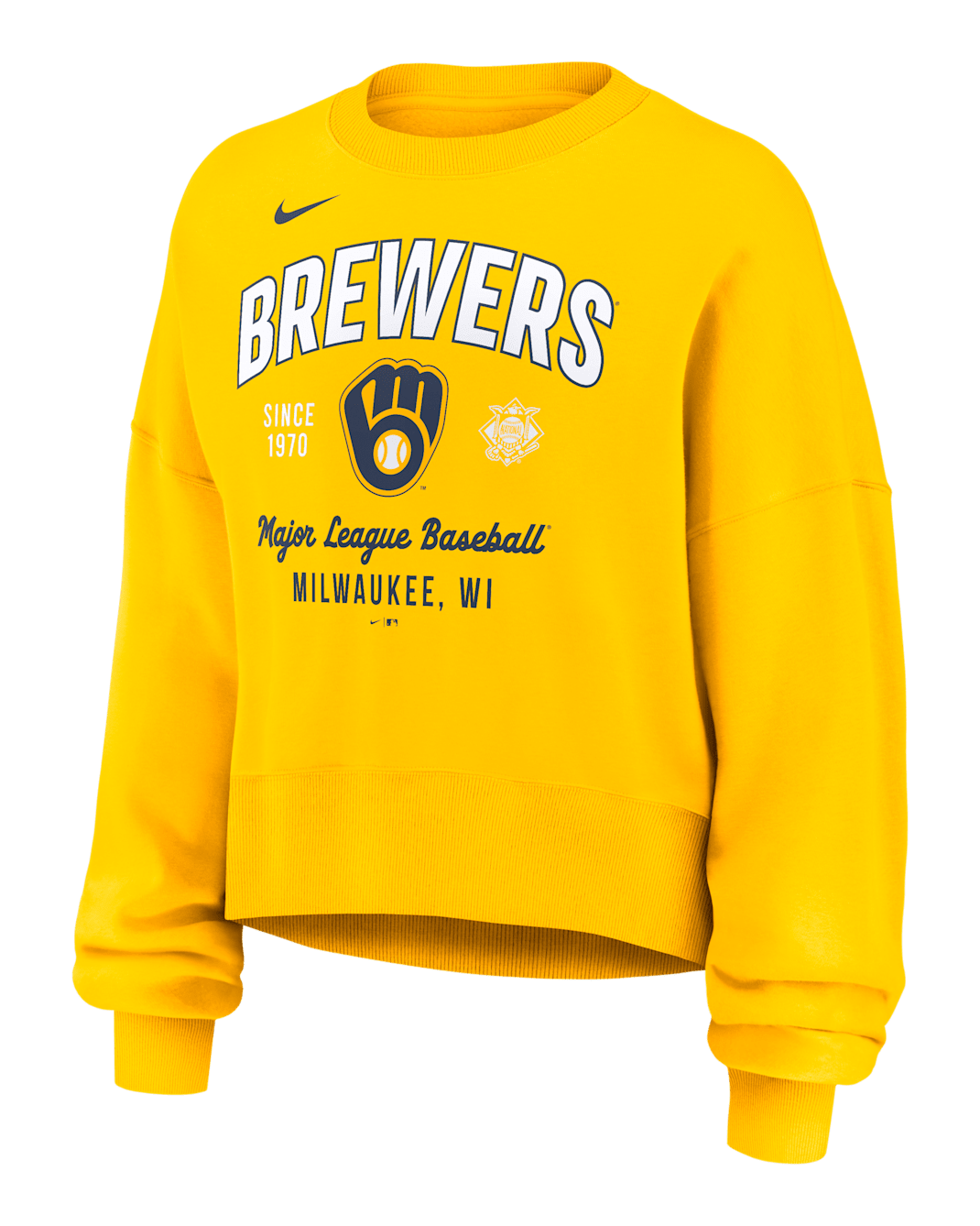 Sudadera de cuello redondo sin cierre Nike de la MLB para mujer Milwaukee Brewers - Oro