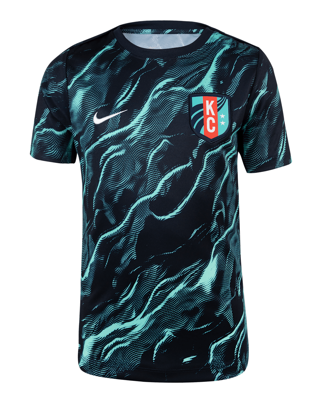 KC Current 2025 Big Kids' Nike NWSL Short-Sleeve Pre-Match Top - Hyper Turquoise/Dark Obsidian