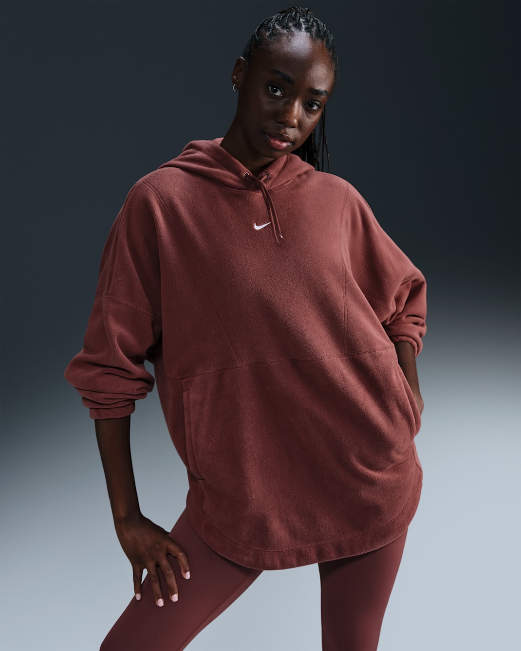 Nike One Women's Oversized Therma-FIT Pullover Fleece Hoodie - Red Sepia/White