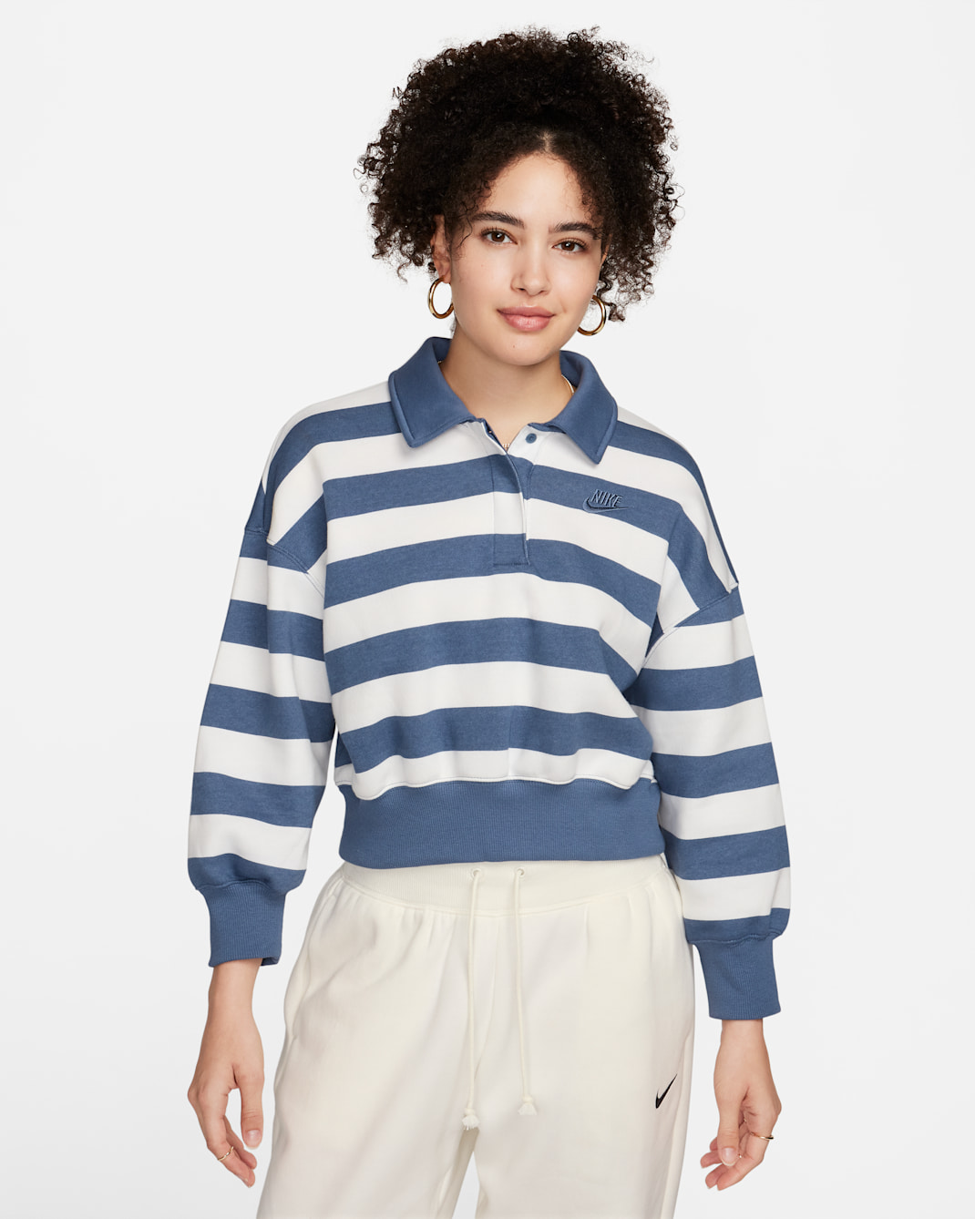 Polo cropped oversized de rayas con magas 3/4 para mujer Nike Sportswear Phoenix Fleece - Azul difuso