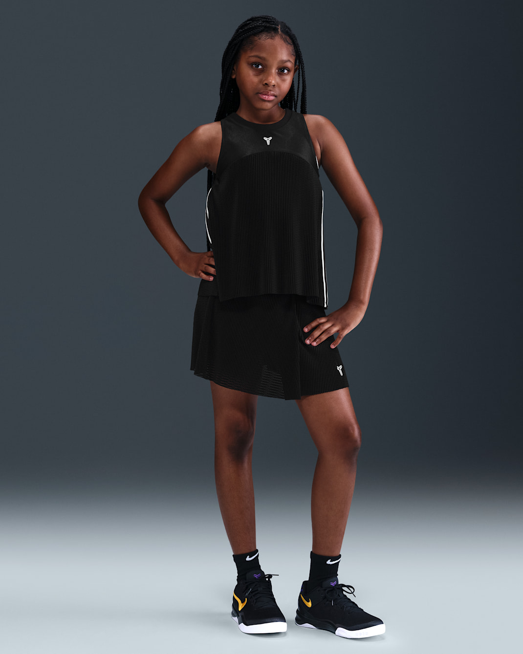 Skort de básquetbol para niña talla grande Kobe - Negro/Negro/Blanco