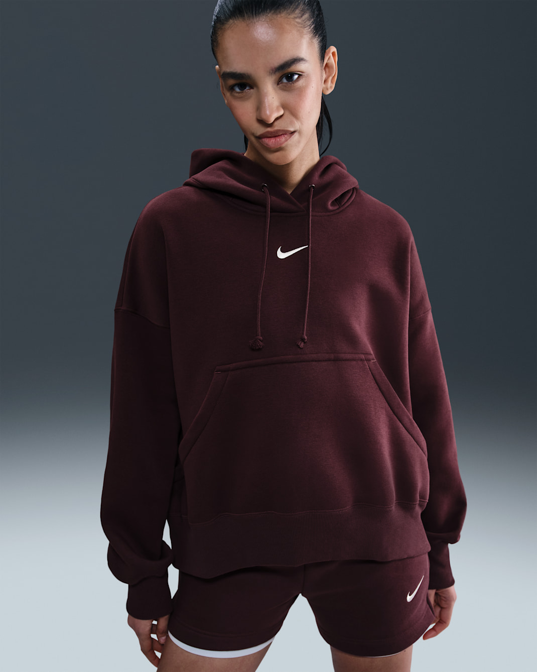 Huvtröja i extra oversize-modell Nike Sportswear Phoenix Fleece för kvinnor - Burgundy Crush/Sail