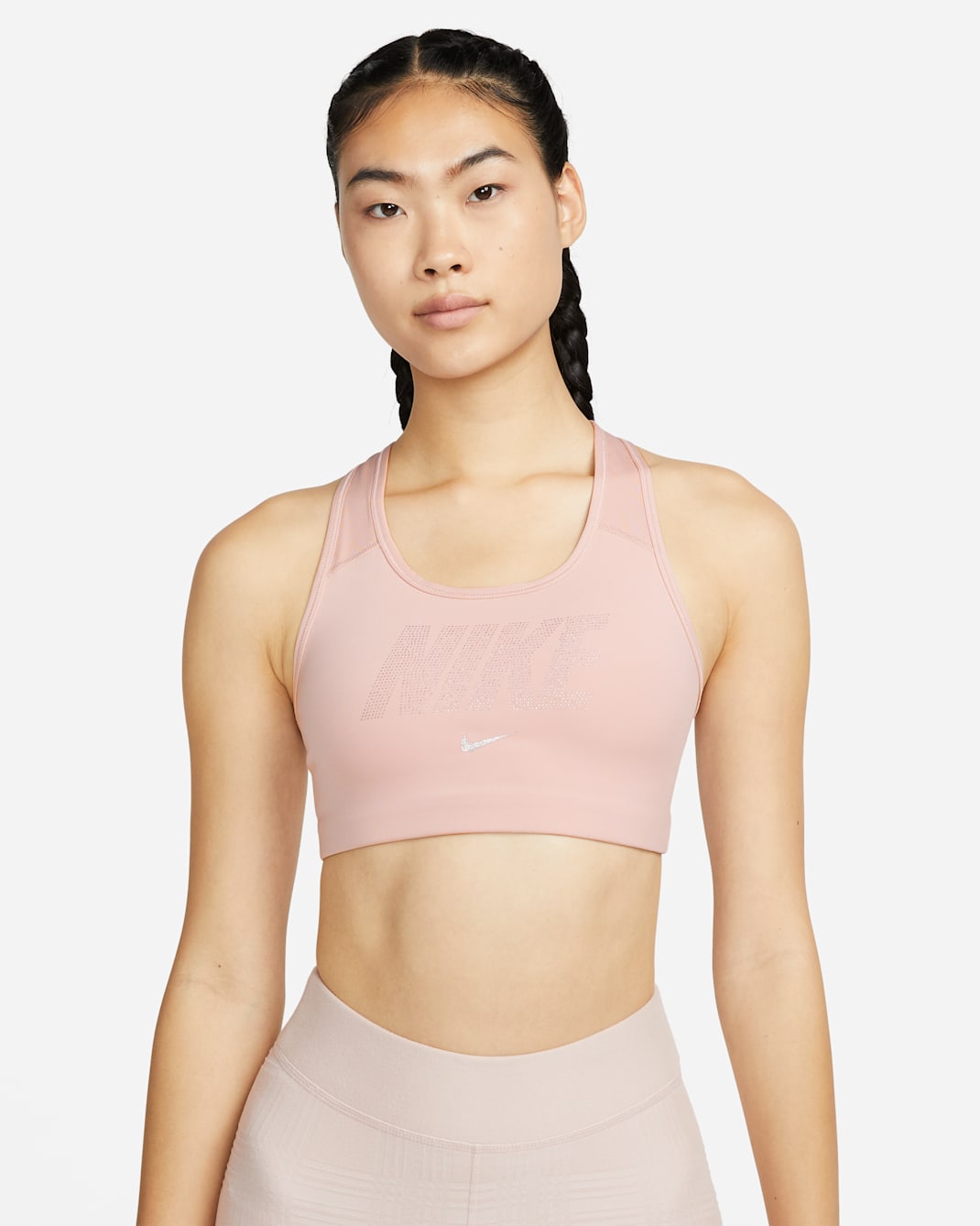 Nike Swoosh Women's Medium-Support Non-Padded Metallic Graphic Sports Bra - Pink Oxford/Metallic Silver