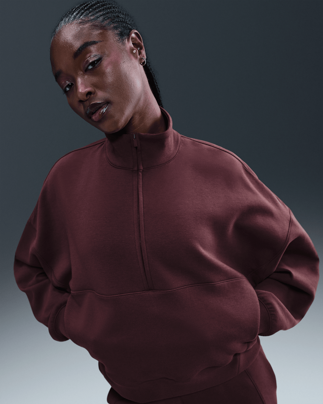 Playera Dri-FIT oversized de medio cierre para mujer Nike 24.7 ImpossiblySoft - Burdeos enérgico/Burdeos ceniza