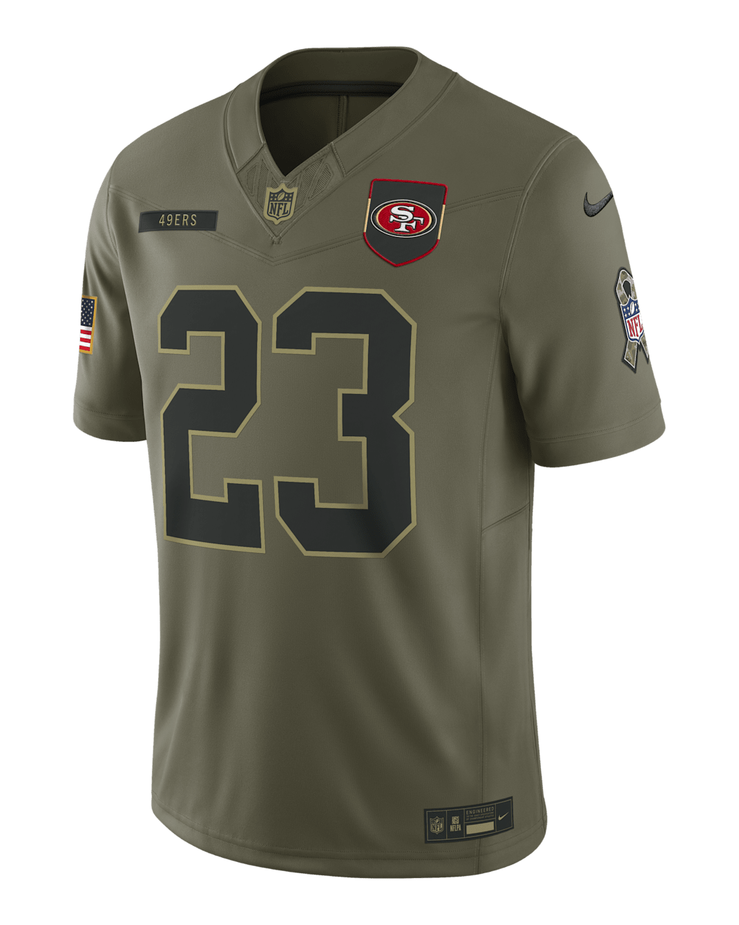 Jersey Nike Dri-FIT Limited de la NFL para hombre Christian McCaffrey San Francisco 49ers Salute to Service - Oliva medio