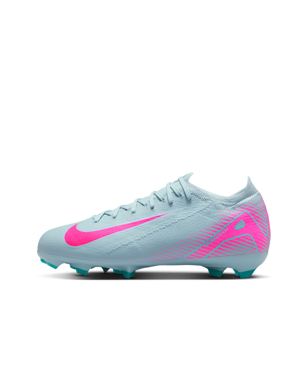 Tacos de fútbol para terreno firme de corte low para niños de preescolar y grandes Nike Jr. Mercurial Vapor 16 Pro - Cubo océano/Avalancha rosa