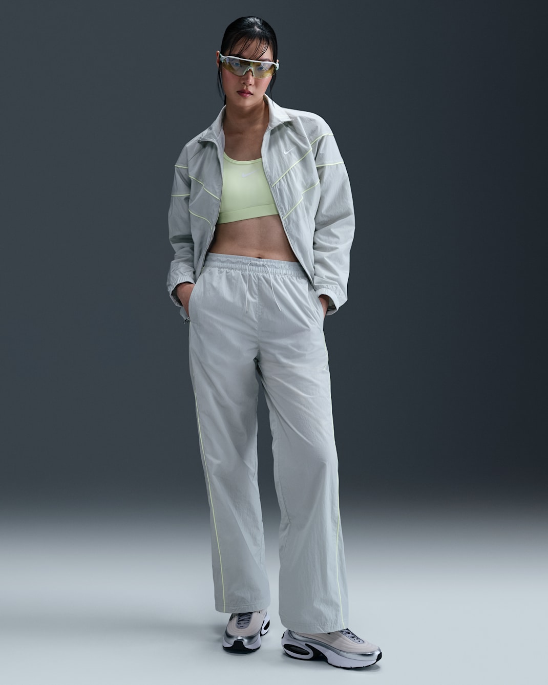 Nike Windrunner Women's High-Waisted Woven Open-Hem Trousers - Light Silver/Barely Volt/White