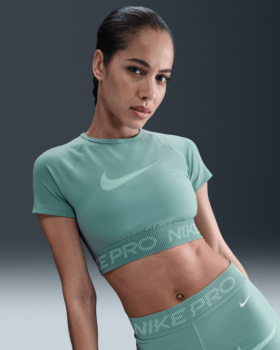 Nike Pro Women's Dri-FIT Short-Sleeve Cropped Graphic Top - Cannon/Mint Foam/White