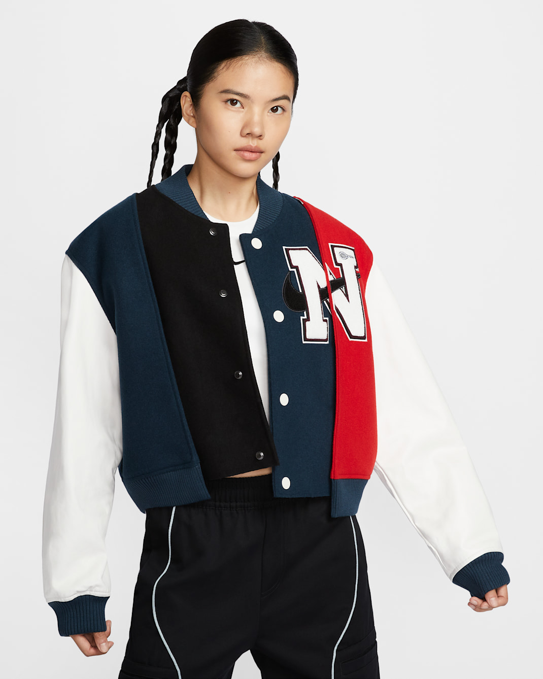 Nike Women by YOON Women's Oversized Varsity Jacket - Black/Armory Navy/Phantom/White