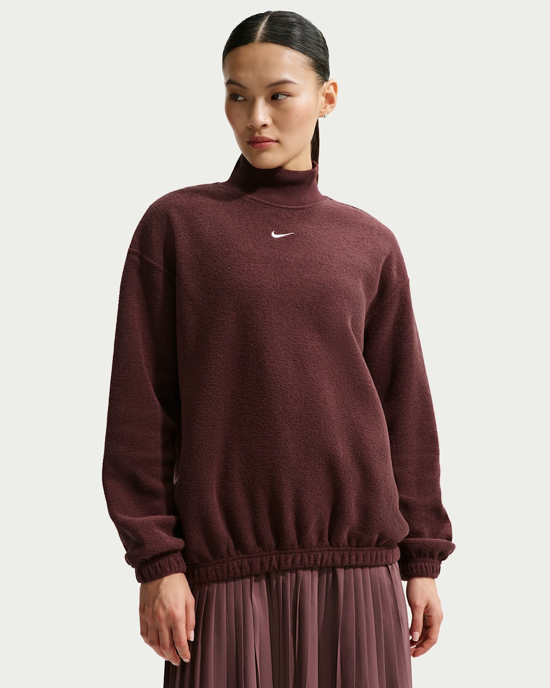 나이키 스포츠웨어 피닉스 플러시 여성 코지 플리스 오버사이즈 모크넥 탑 - 버건디 크러시/세일