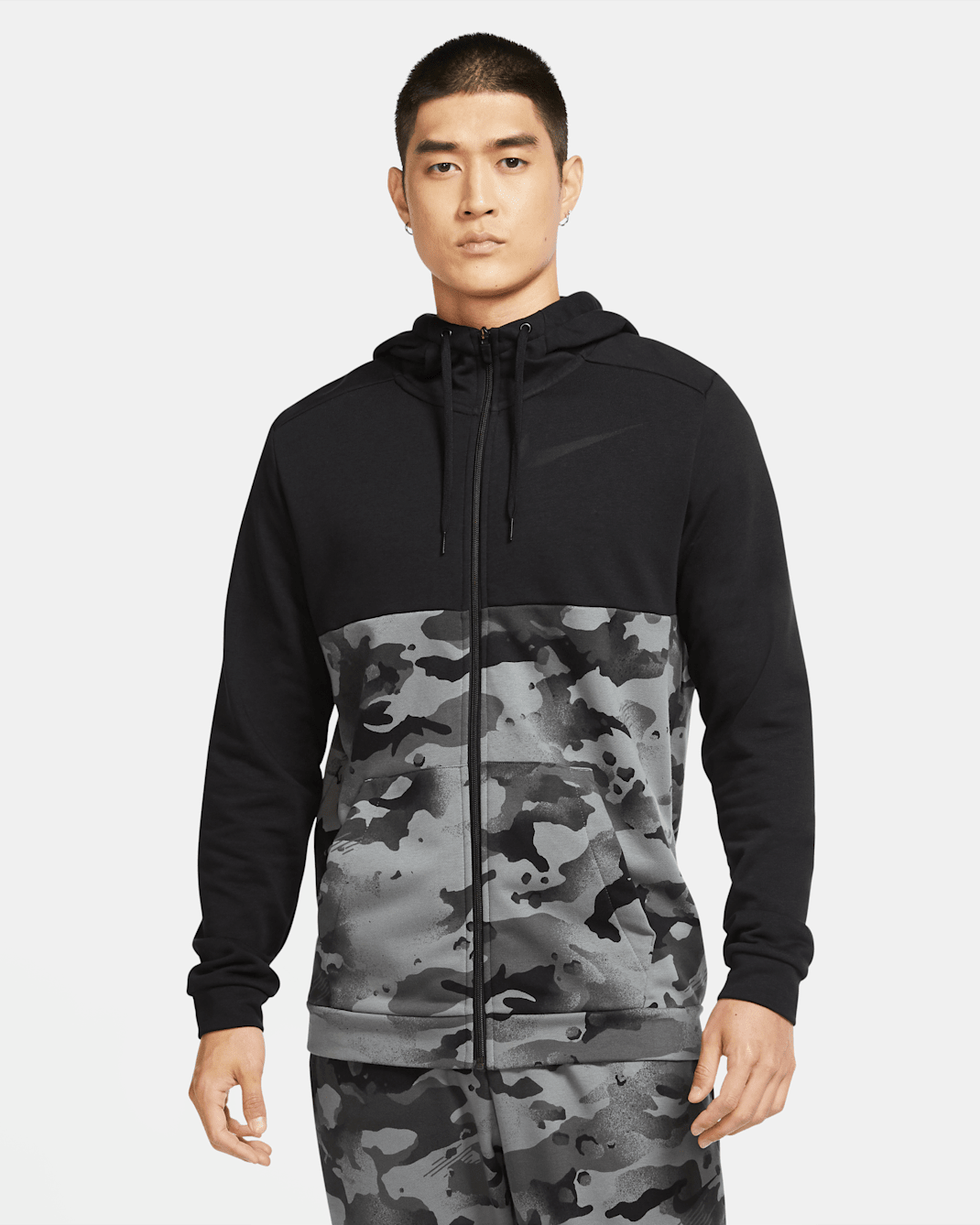 Sweat à capuche de training camouflage entièrement zippé Nike Dri-FIT pour Homme - Noir/Iron Grey/Grey Fog