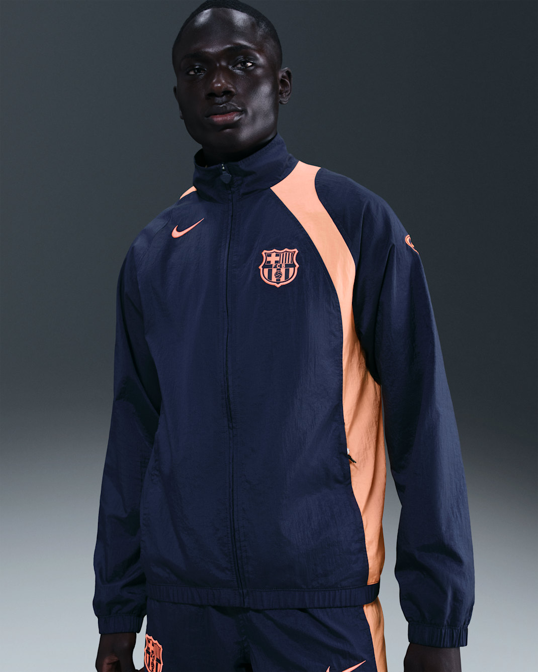 FC Barcelona Men's Nike Soccer Total 90 Soccer Track Jacket - Midnight Navy/Bright Mango/Bright Mango
