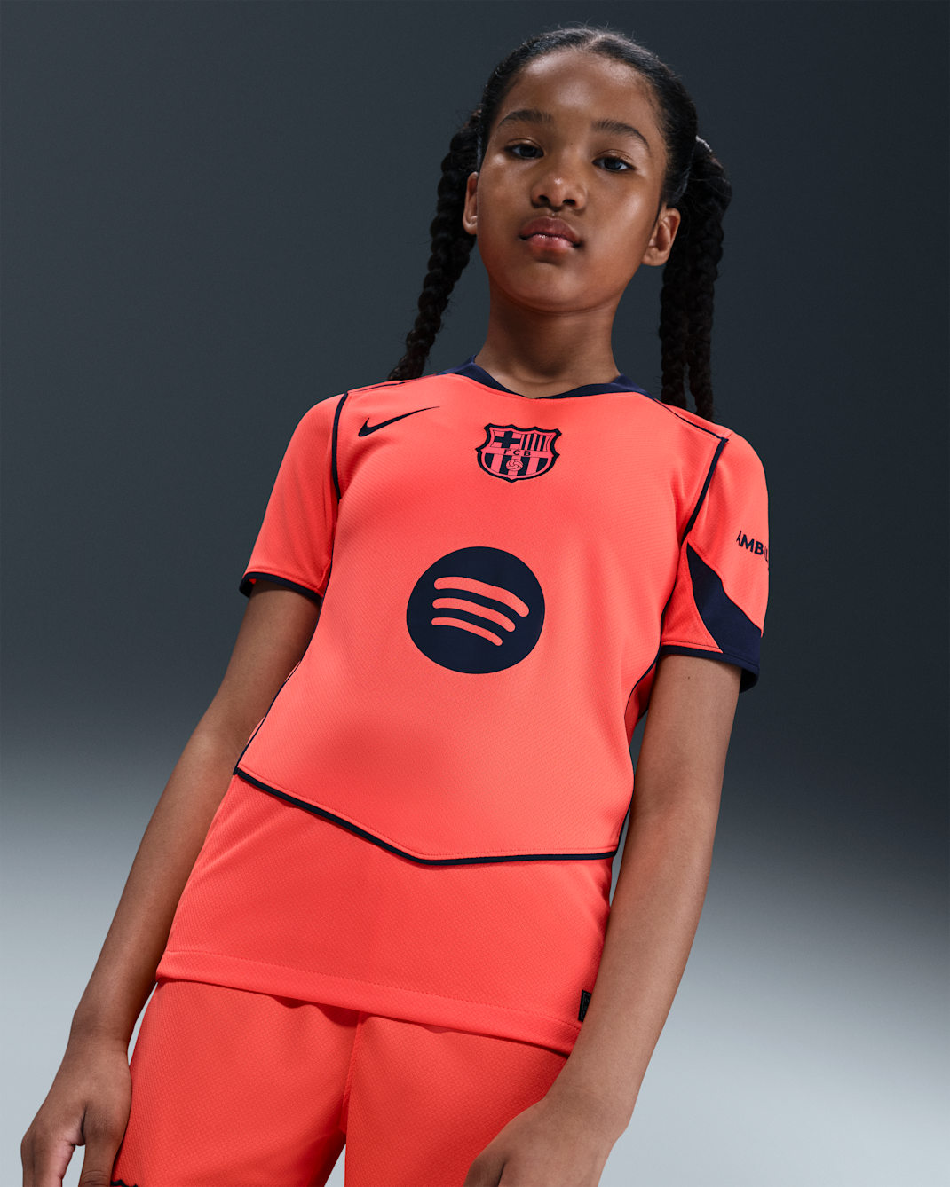 FC Barcelona 2025/26 Stadium Third Nike Dri-FIT Total 90 Replika-Fußballtrikot (ältere Kinder) - Bright Mango/Midnight Navy/Midnight Navy