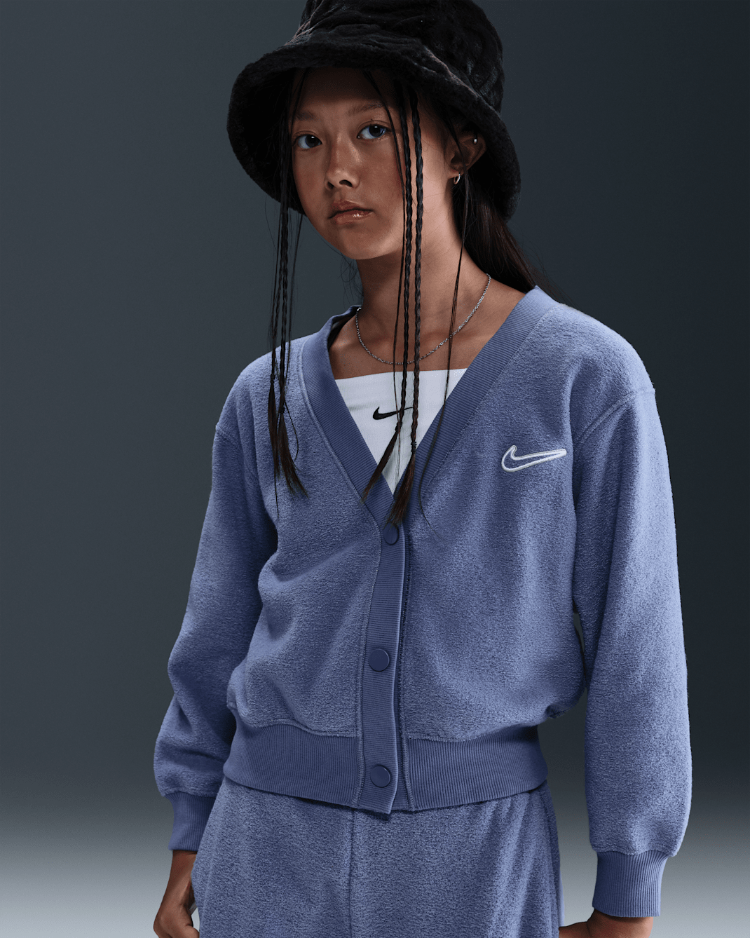 Nike Sportswear 大童 (女童) 長袖 Fleece 上衣 - World Indigo/白色