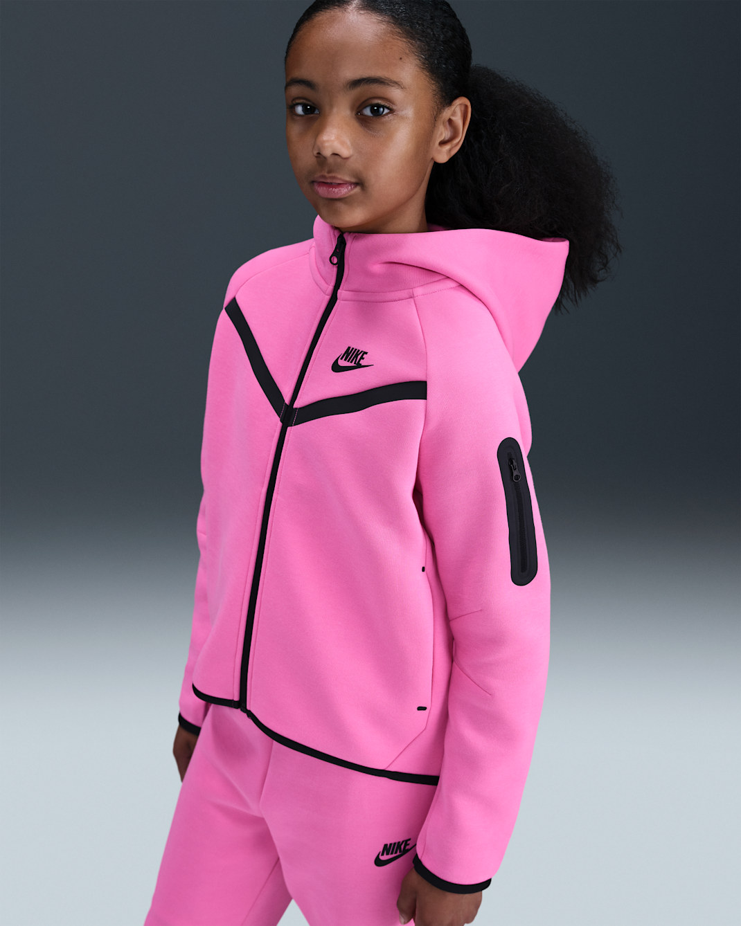 Sudadera con gorro de cierre completo para niña Nike Sportswear Tech Fleece - Rosa alegre/Negro/Negro