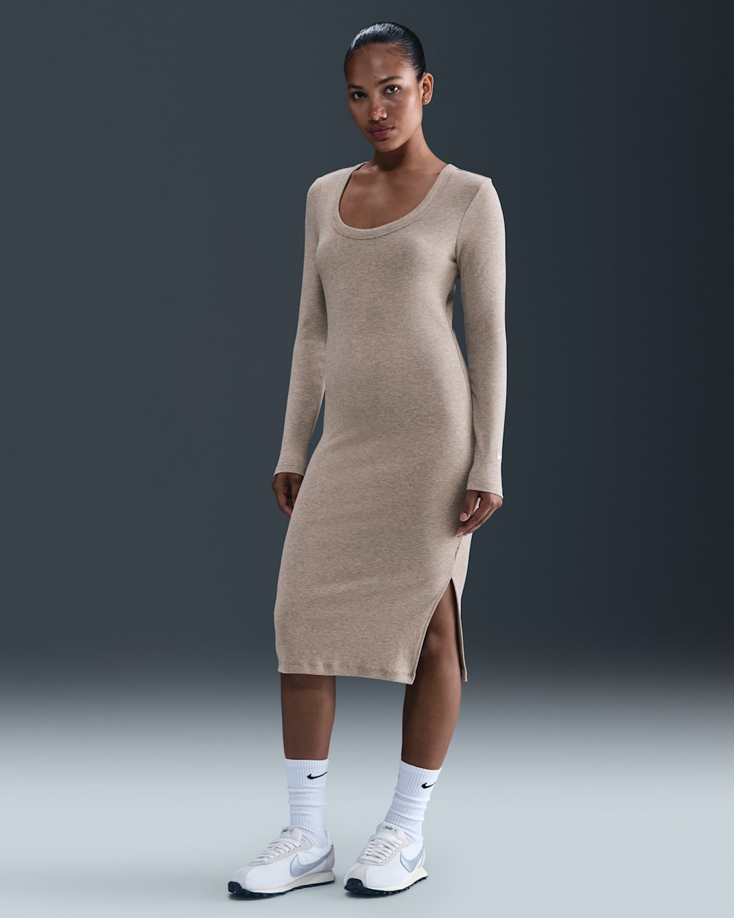 Nike Sportswear Chill Knit Women's Tight Long-Sleeve Midi Mini-Rib Dress - Malt/Heather/Sail