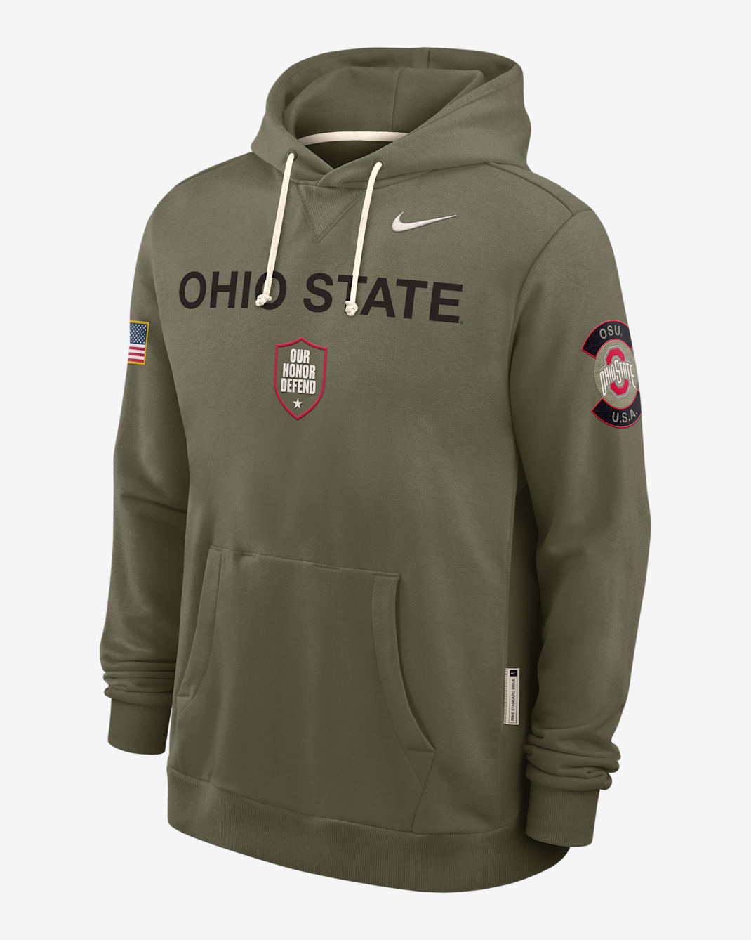 Sudadera con gorro sin cierre universitaria Nike Dri-FIT para hombre Ohio State 2025 Military Appreciation - Oliva