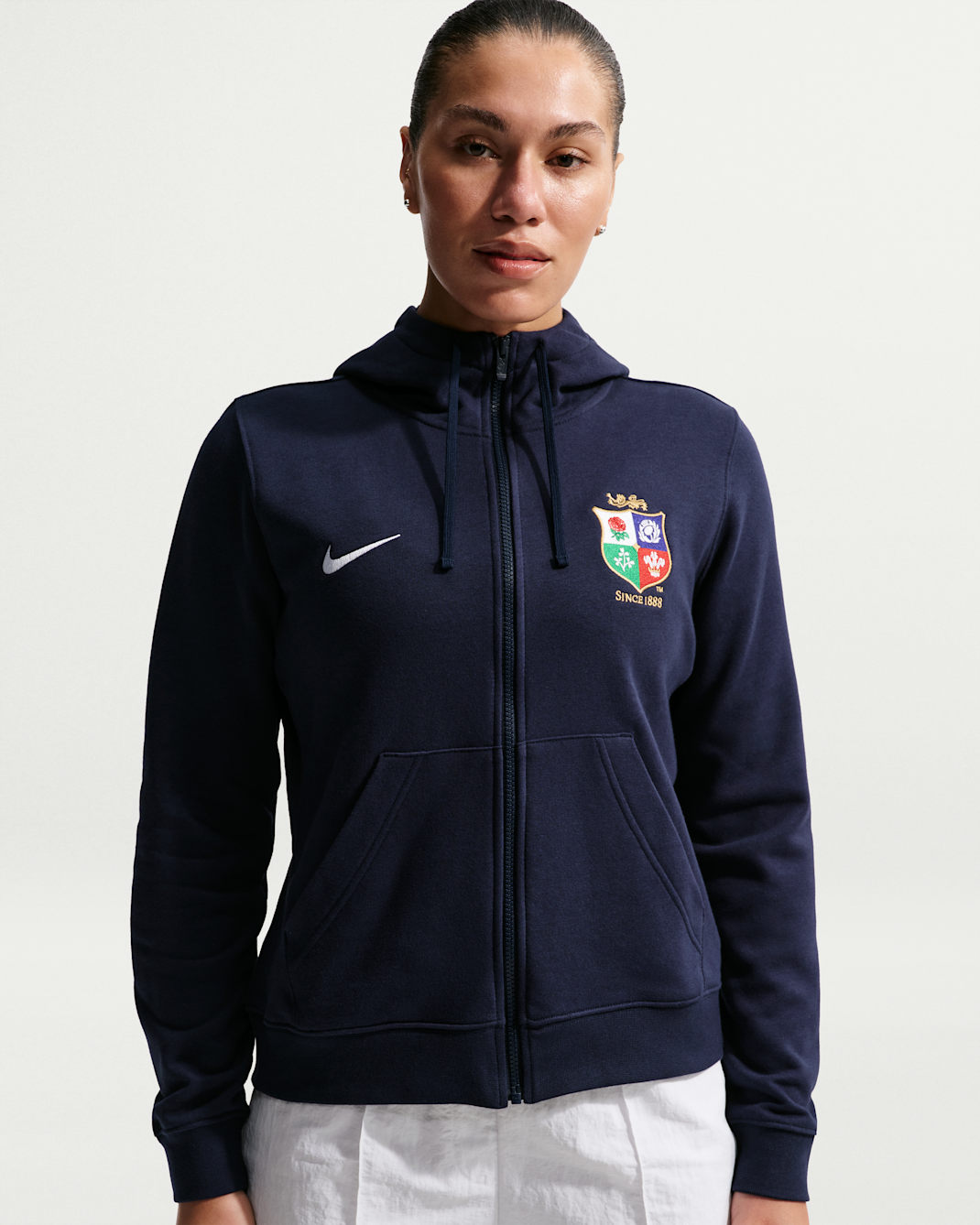 Huvtröja Nike Club med hel dragkedja med British & Irish Lions för kvinnor - Obsidian/Vit