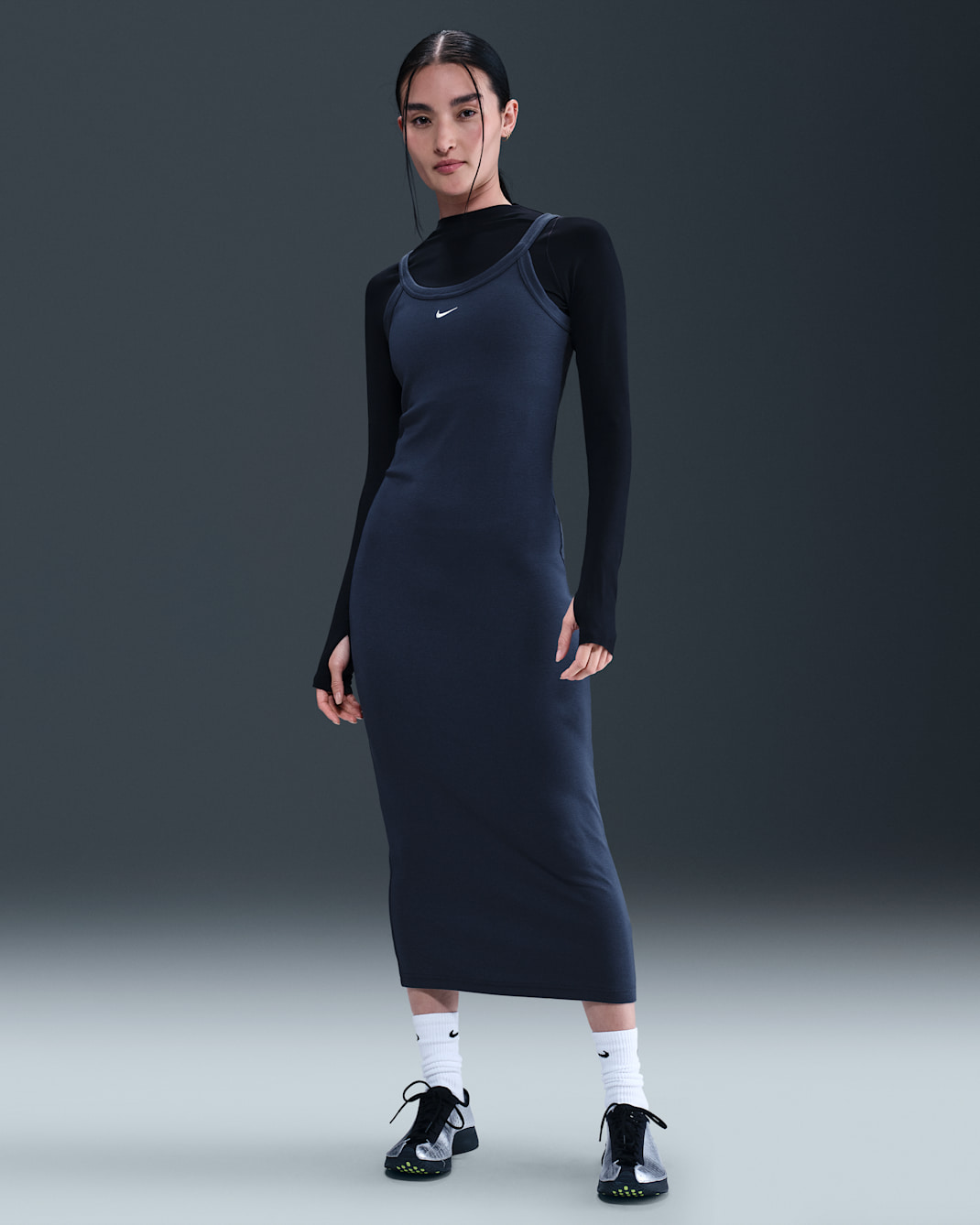 Dámské přiléhavé tílkové šaty Nike Sportswear Chill Knit s drobným žebrováním - Midnight Navy/Sail
