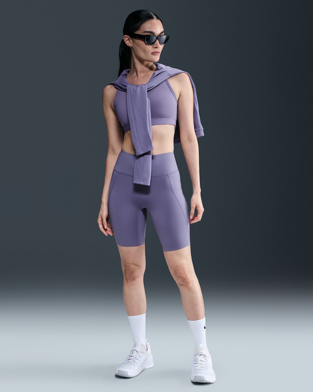 Nike Universa Women's High-Waisted 8" Biker Shorts with No Front Seam - Dusty Amethyst/Canyon Purple/Sanded Purple