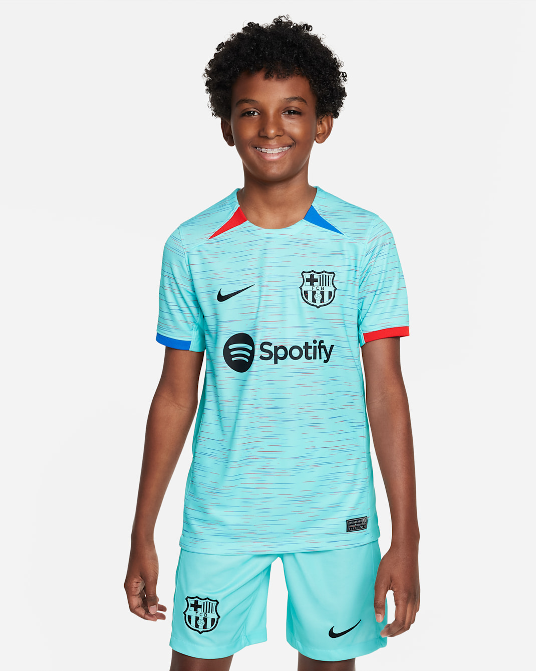 Tercera equipació Stadium FC Barcelona 2023/24 Samarreta de futbol Nike Dri-FIT - Nen/a - Aqua/Royal Blue/University Red/Negre