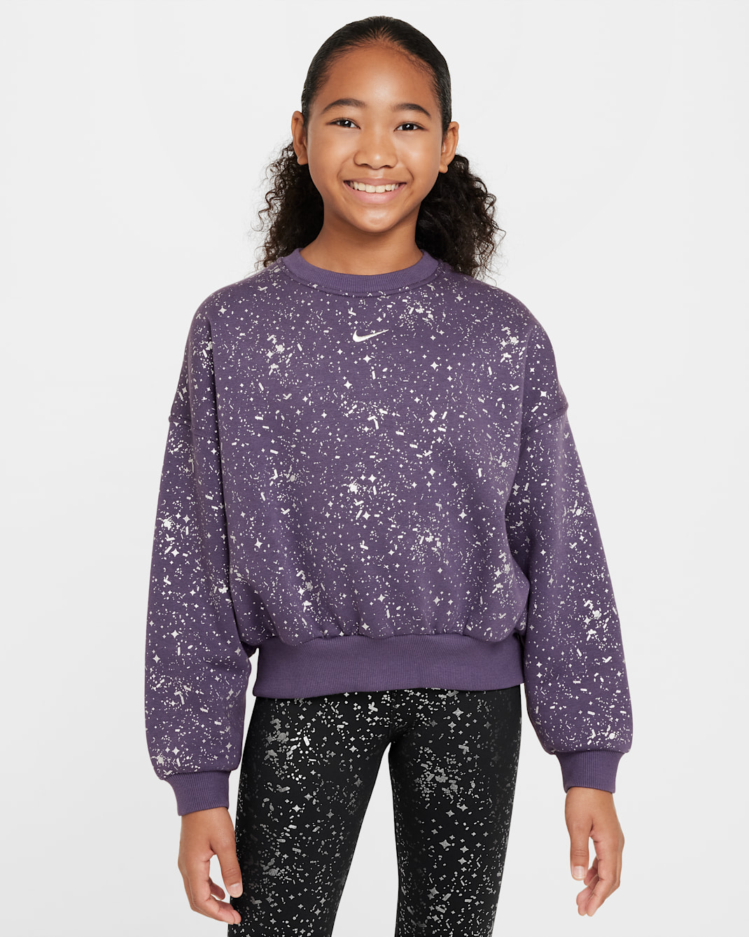 Nike Sportswear Club Fleece Older Kids' (Girls') Crew-Neck Sweatshirt - Dark Raisin/Metallic Silver