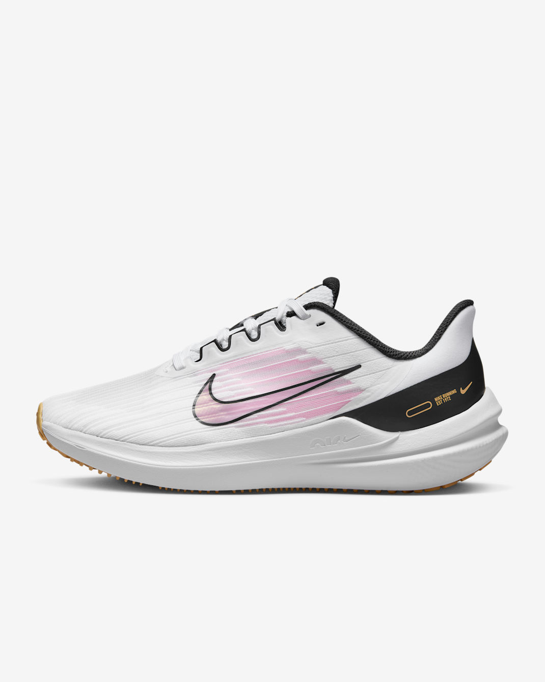 Nike Winflo 9 Women's Road Running Shoes - White/Black/Wheat Gold/Pink Spell