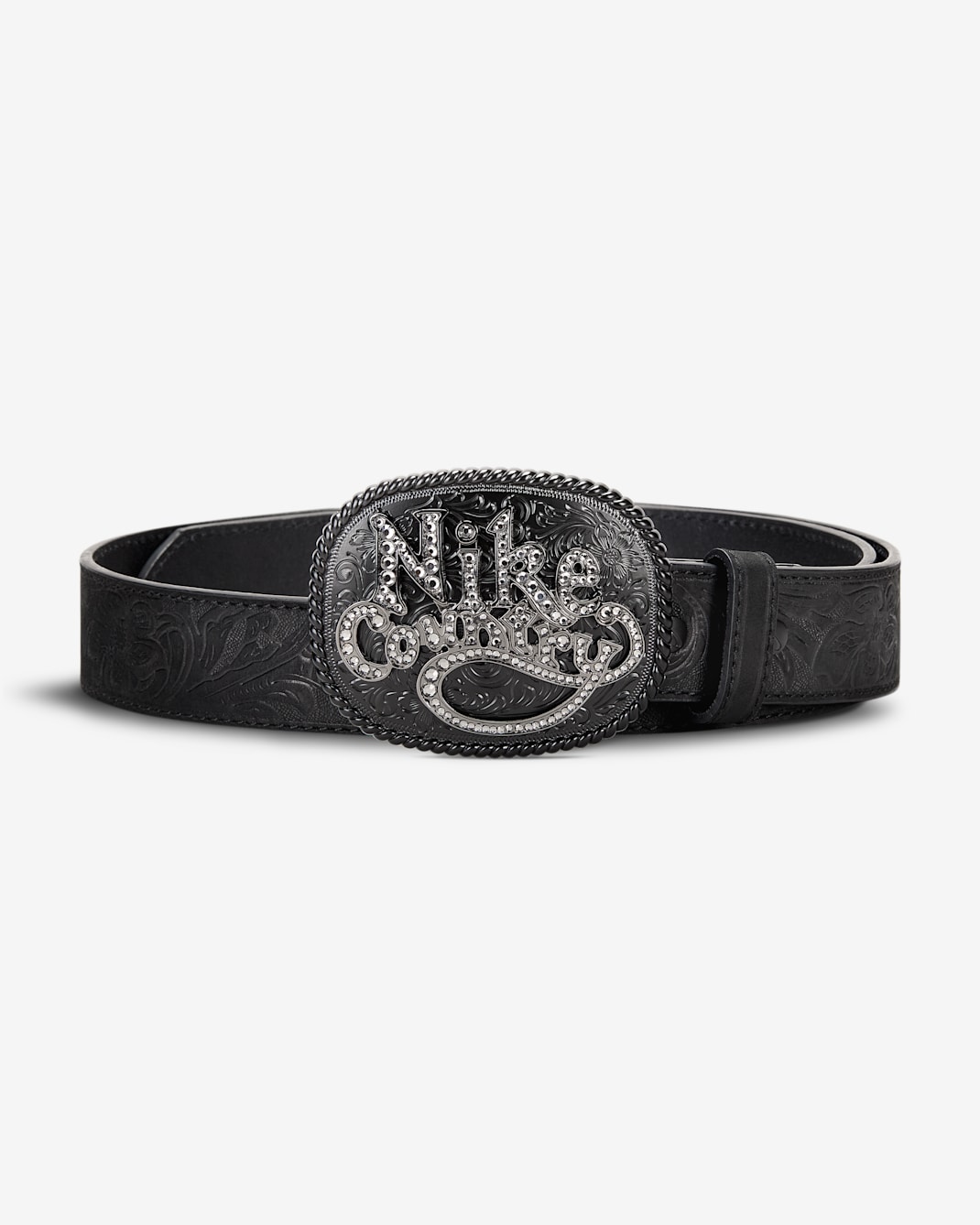 Nike Country Men's Rhinestone Plaque Buckle Embossed Leather Belt - Black