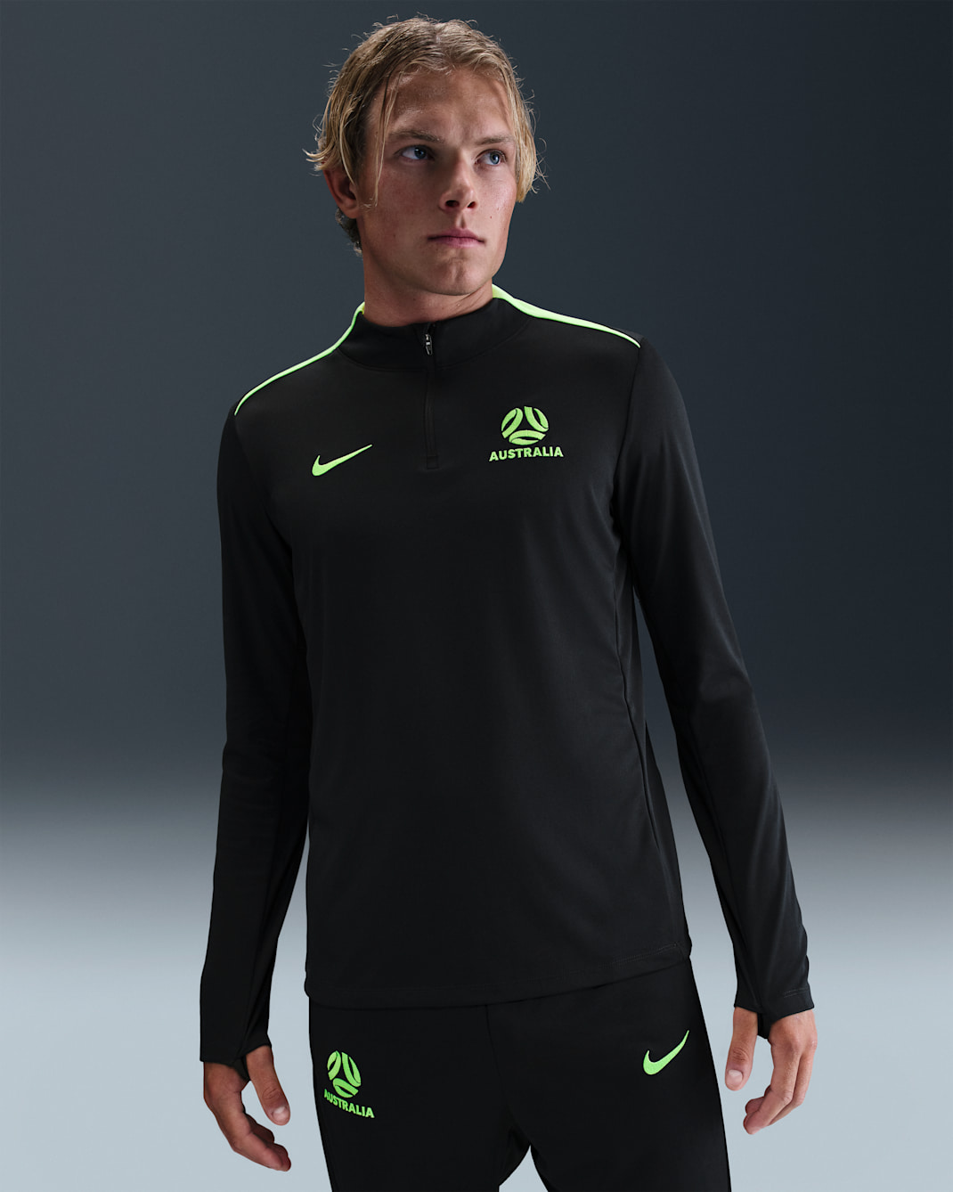 Australia Academy Pro Men's Nike Dri-FIT Football Drill Top - Black/Lime Blast/Lime Blast