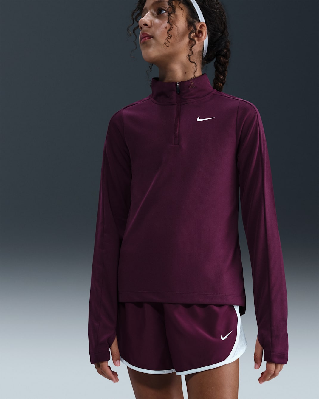 Dívčí tričko Nike Dri-FIT s dlouhým rukávem a čtvrtinovým zipem - Bordeaux/Bílá
