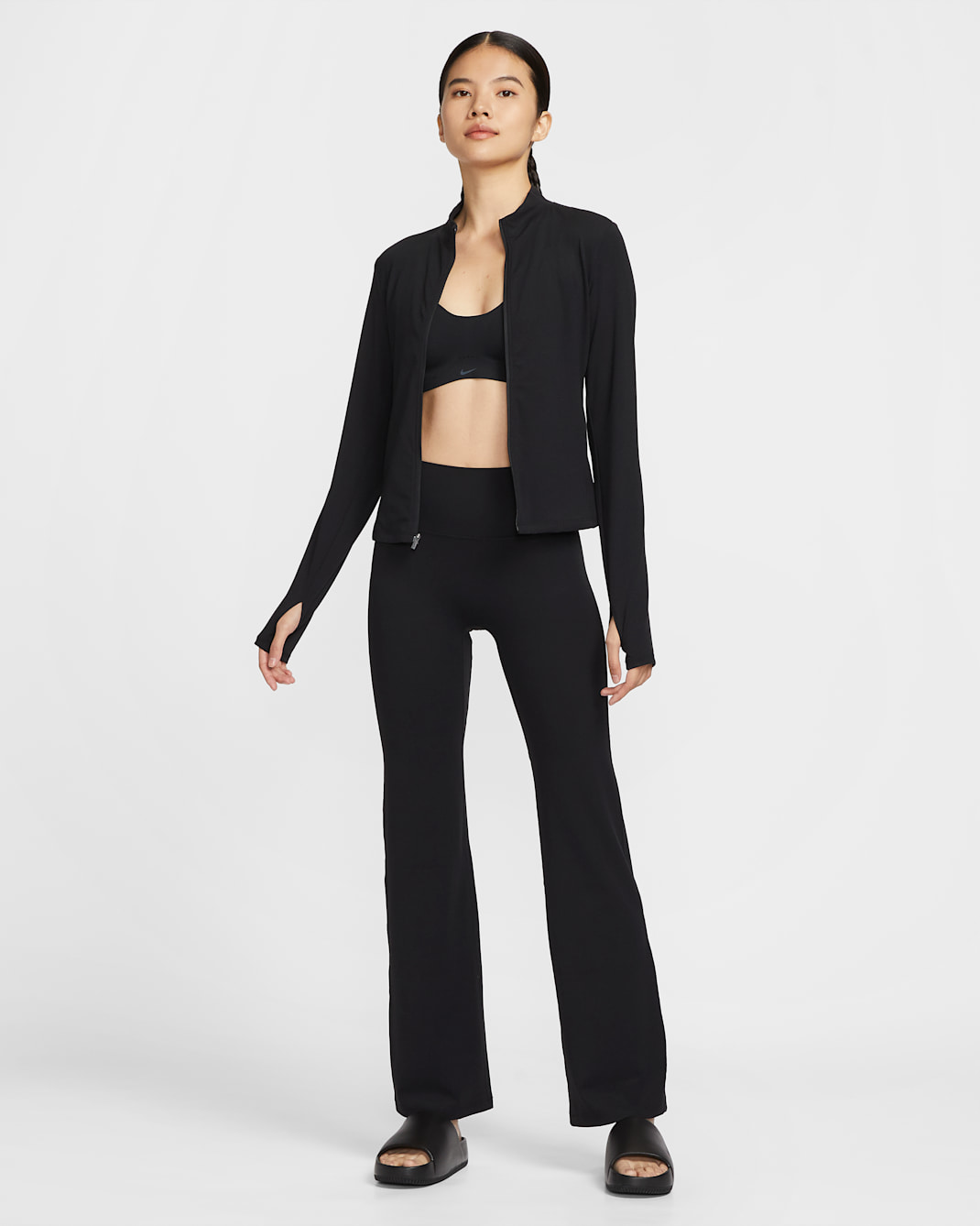 나이키 젠비 여성 하이웨이스트 플레어 노 프론트 심 레깅스 - 블랙/쿨 그레이