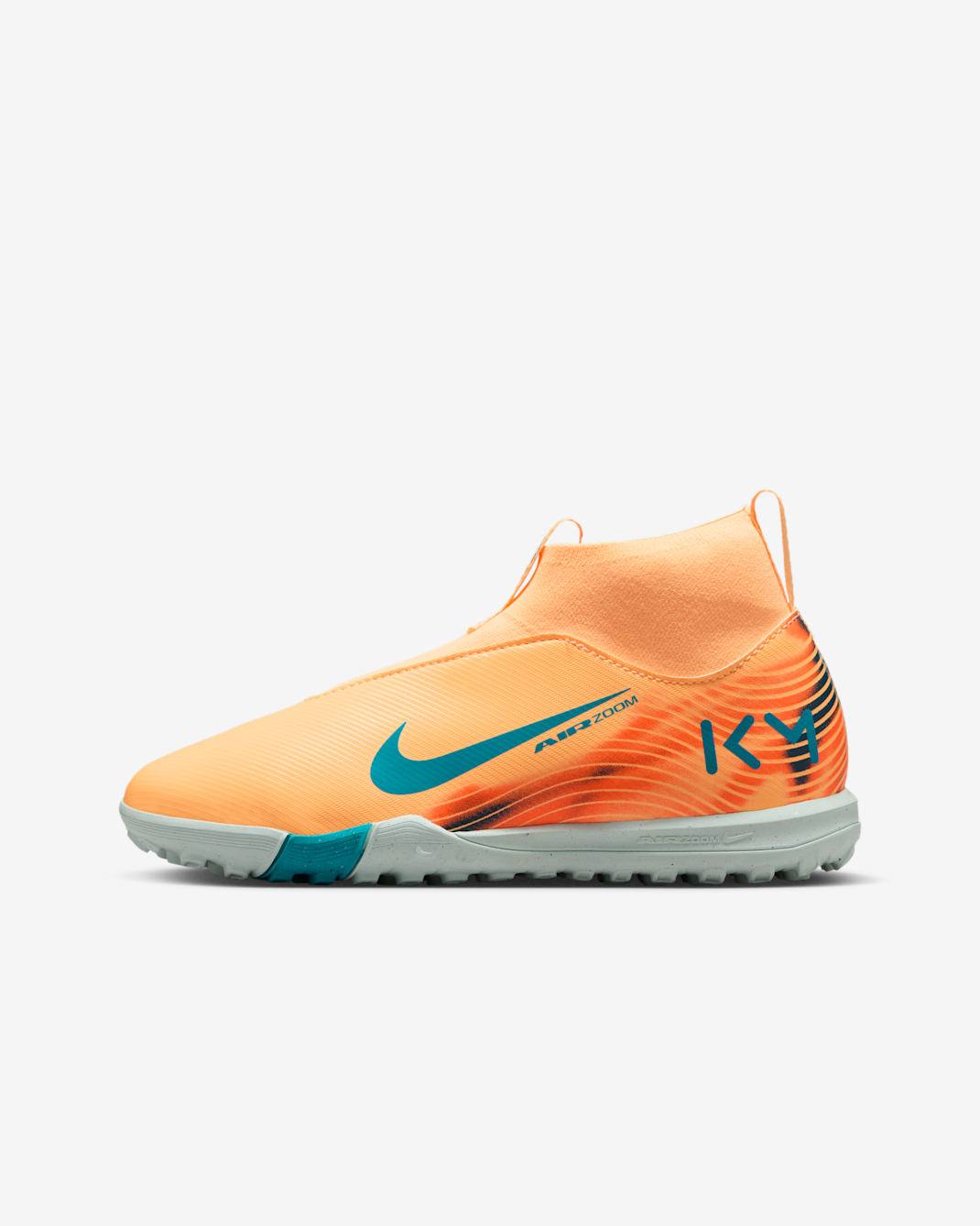 Nike Jr. Mercurial Superfly 10 Academy 'Kylian Mbappé' Older Kids' Turf High-Top Football Shoes - Melon Tint/Igloo/Neo Turquoise