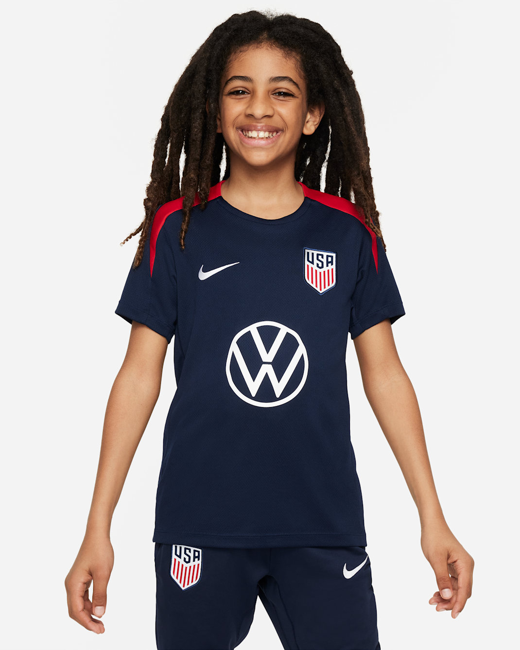 USMNT Strike Big Kids' Nike Dri-FIT Soccer Short-Sleeve Knit Top - Obsidian/Sport Red/White
