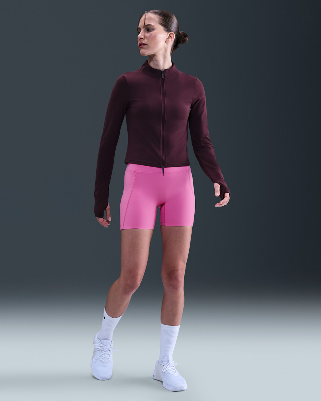Shorts de ciclismo de tiro alto de 13 cm sin costura frontal para mujer Nike Universa - Rosa alegre/Fucsia cósmico/Rosa pasión II