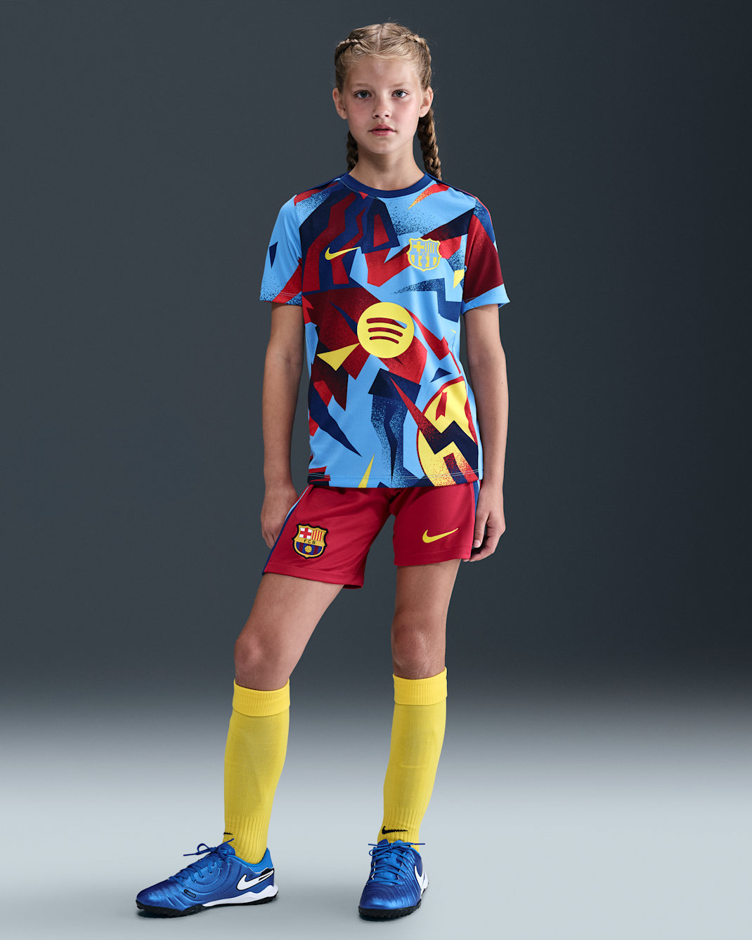 FC Barcelona 2025/26 Stadium Fourth Nike Dri-FIT Replika-Fußballshorts (ältere Kinder) - Salsa Red/Gym Blue/University Blue/Opti Yellow